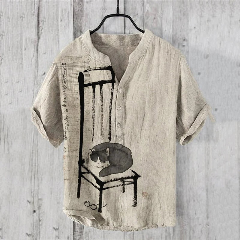 Men’s Zen Cat Artistic Linen Shirt – Minimalist Casual Half Sleeve Cotton Linen Shirt