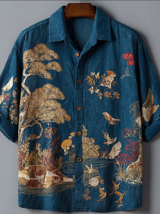 Men’s Japanese Nature Print Linen Shirt – Vintage Blue Artistic Summer Casual Shirt