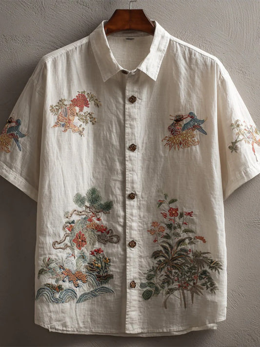 Men’s Japanese Embroidered Linen Shirt – White Vintage Crane & Nature Summer Shirt