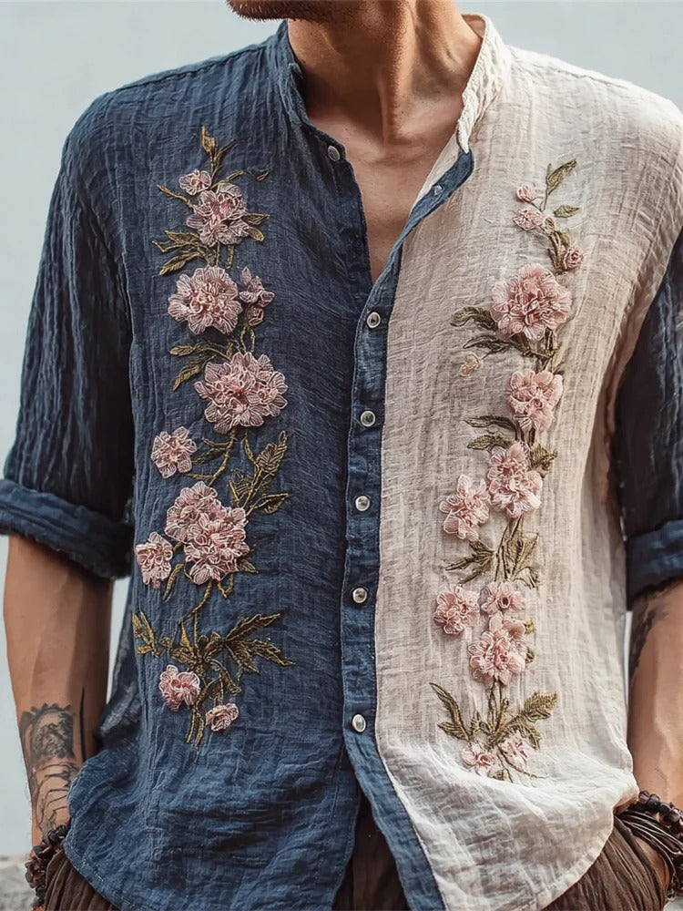 Men’s Half & Half Floral Embroidered Linen Shirt – Vintage Designer Casual Shirt
