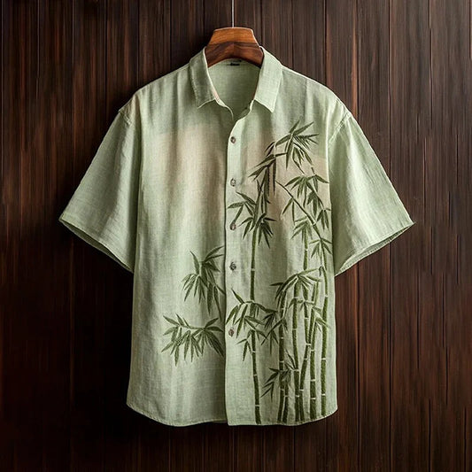 Men’s Bamboo Print Linen Shirt – Japanese Style Casual Summer Shirt