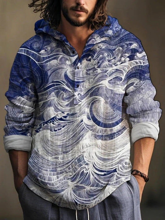 Men’s Blue Ocean Wave Printed Linen Hoodie Shirt – Japanese Vintage Casual Designer Shirt