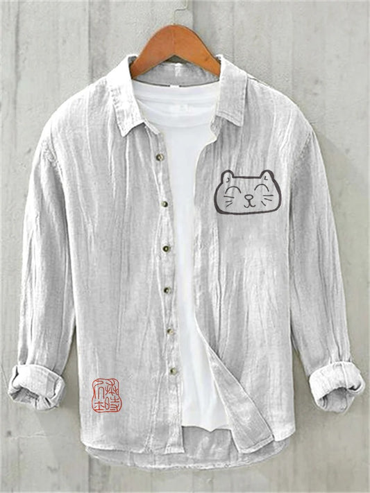 Men’s Beige Linen Cute Cat Print Shirt – Japanese Minimal Casual Cotton Linen Shirt