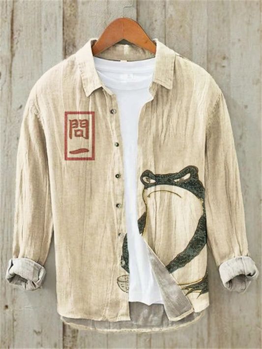 Men’s Beige Linen Frog Print Shirt – Japanese Style Casual Cotton Linen Shirt