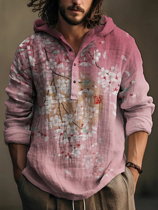 Men’s Pink Sakura Floral Linen Hoodie Shirt – Japanese Style Casual Designer Shirt
