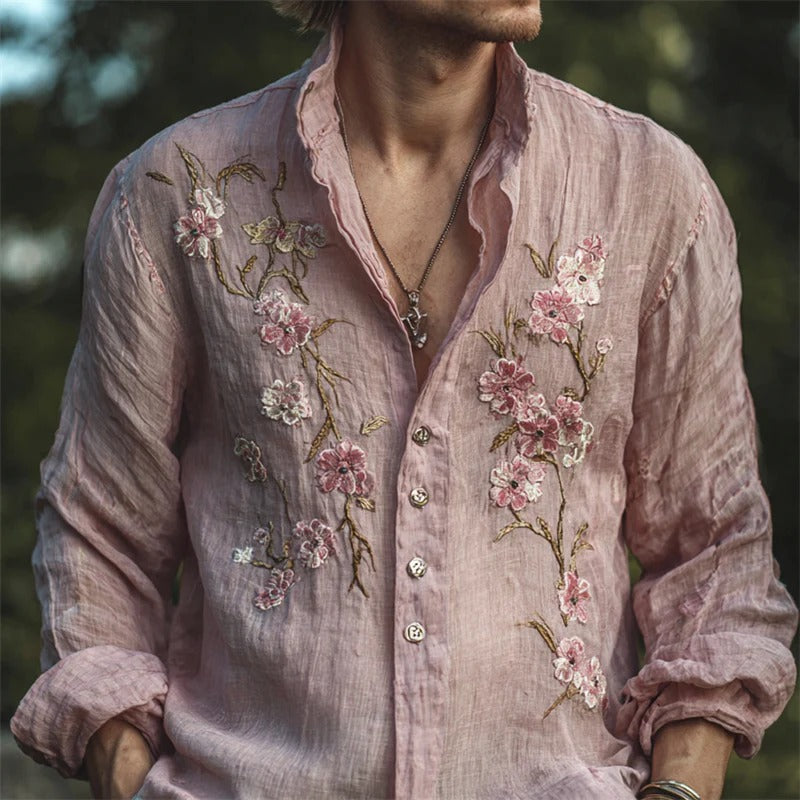 Men’s Pink Floral Embroidered Linen Shirt – Vintage Luxury Casual Summer Shirt
