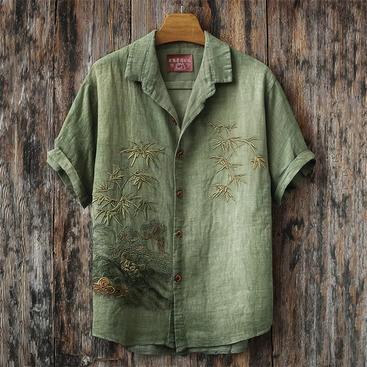 Men’s Japanese Bamboo Embroidered Linen Shirt – Vintage Green Summer Casual Shirt