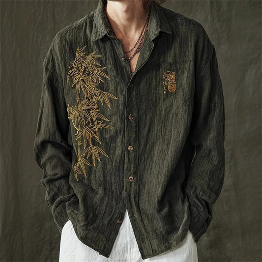 Men’s Dark Green Bamboo Embroidered Linen Shirt – Japanese Vintage Casual Shirt
