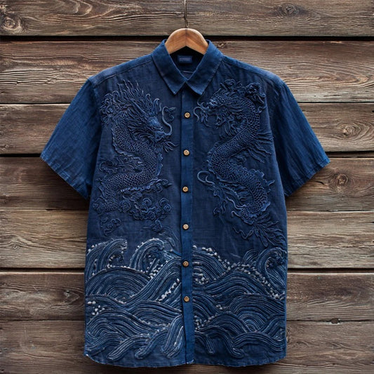 Men’s Embroidered Dragon Linen Shirt – Japanese Wave Casual Half Sleeve Designer Shirt