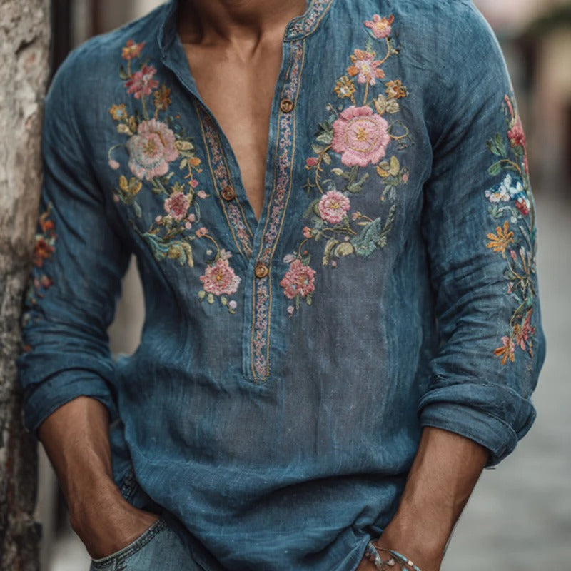 Men’s Vintage Floral Embroidered Blue Linen Kurta Shirt – Luxury Ethnic Casual Wear