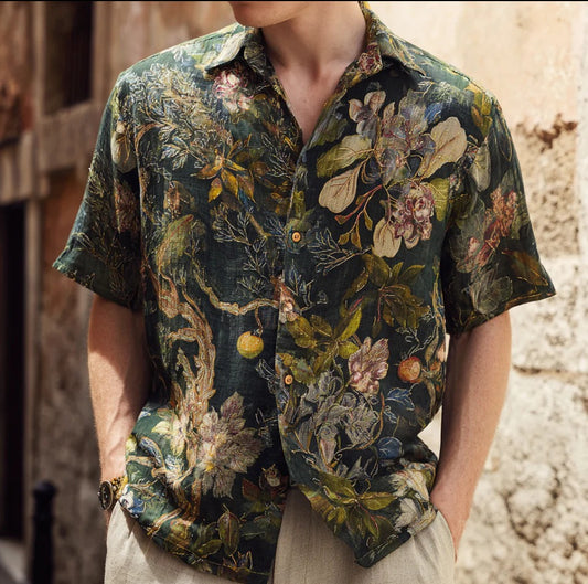 Men’s Vintage Botanical Linen Shirt – Luxury Floral Print Summer Casual Shirt