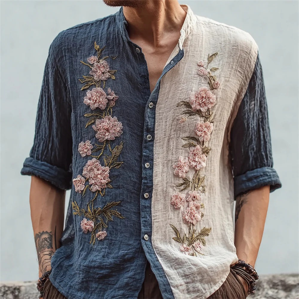 Men’s Half & Half Floral Embroidered Linen Shirt – Vintage Designer Casual Shirt