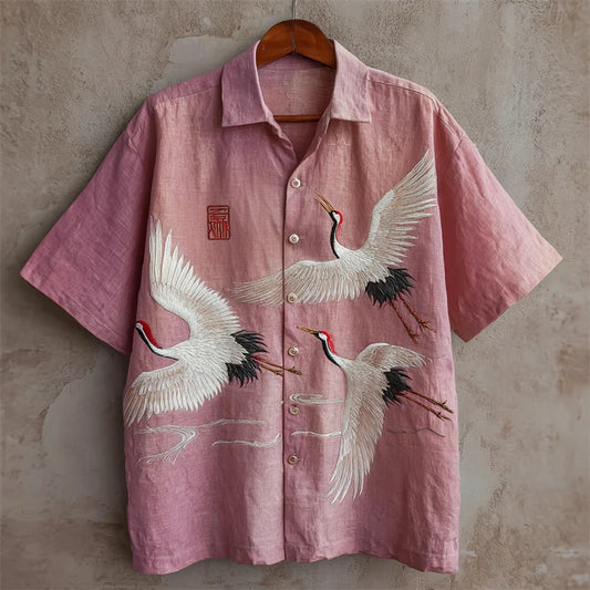 Men’s Bamboo Embroidered Linen Shirt – Japanese Style Casual Summer Designer Shirt