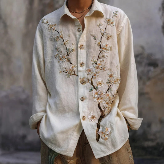 Men’s Cherry Blossom Embroidered Linen Shirt – Luxury Vintage Japanese Style Shirt