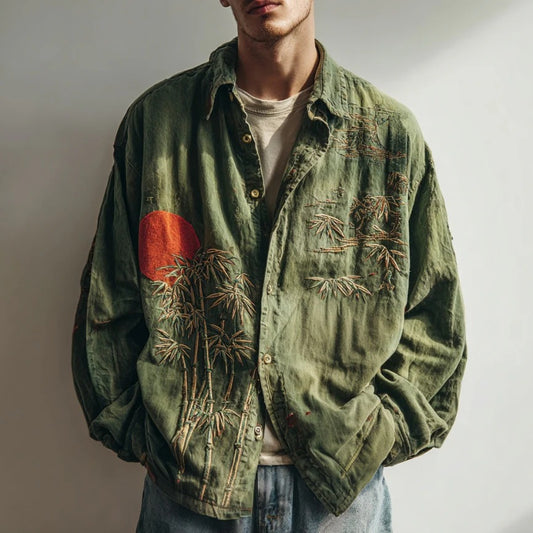 Men’s Vintage Bamboo Embroidered Green Shirt – Japanese Style Linen Casual Shirt