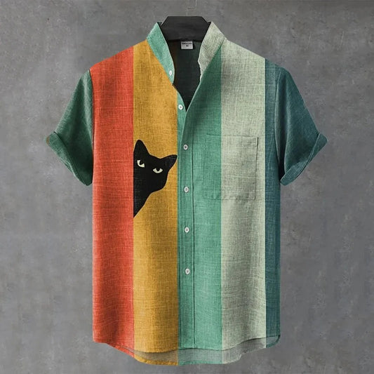 Men’s Cat Print Linen Shirt – Vintage Striped Artistic Summer Casual Shirt