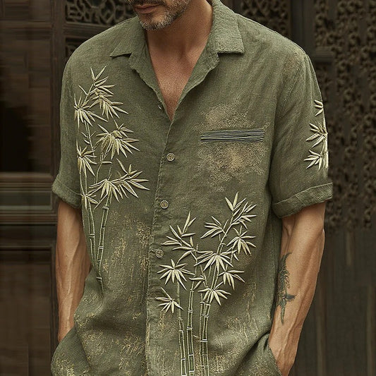 Men’s Bamboo Embroidered Linen Shirt – Japanese Style Casual Summer Designer Shirt