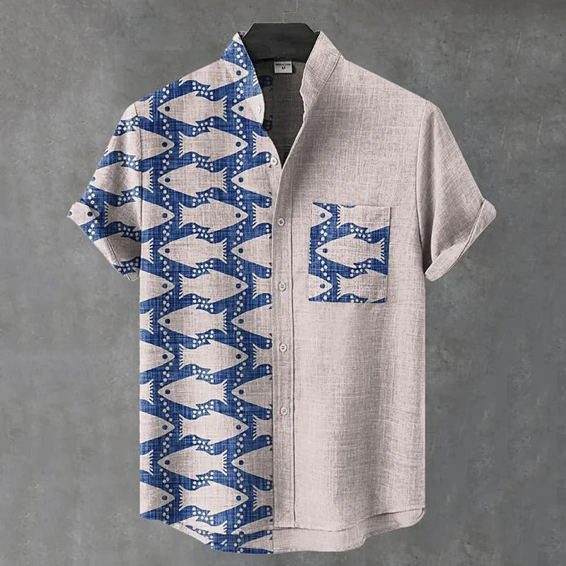 Men’s Fish Print Linen Shirt – Half & Half Vintage Coastal Summer Shirt