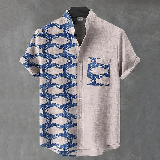 Men’s Fish Print Linen Shirt – Half & Half Vintage Coastal Summer Shirt