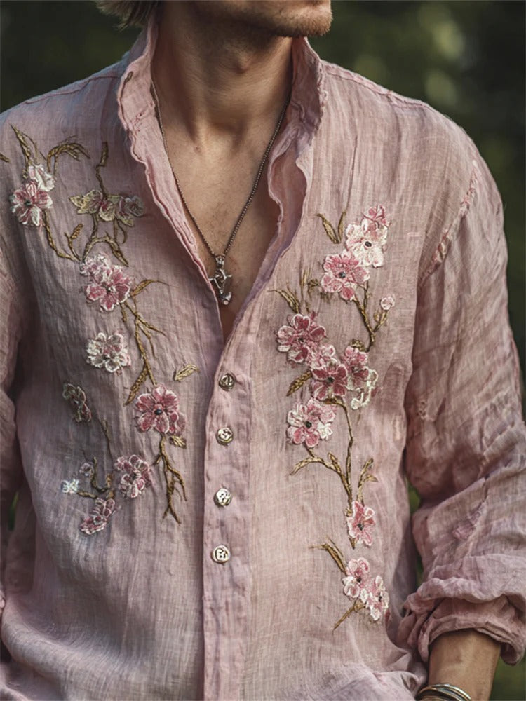Men’s Pink Floral Embroidered Linen Shirt – Vintage Luxury Casual Summer Shirt