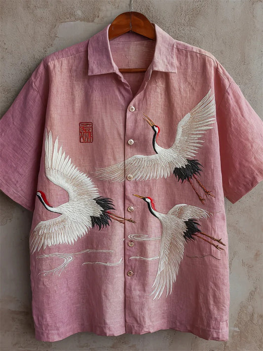 Men’s Bamboo Embroidered Linen Shirt – Japanese Style Casual Summer Designer Shirt