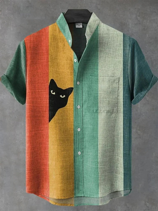 Men’s Cat Print Linen Shirt – Vintage Striped Artistic Summer Casual Shirt