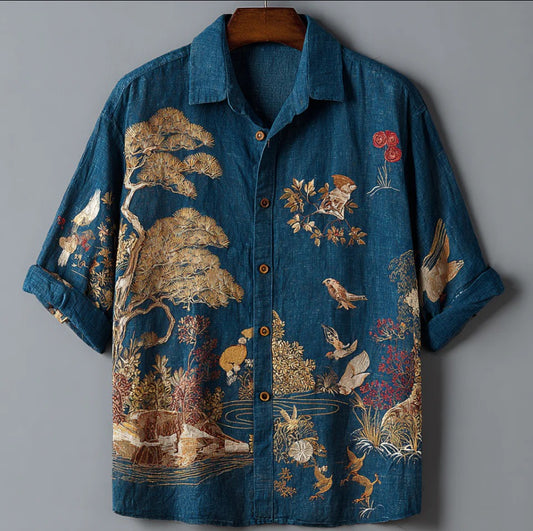 Men’s Japanese Nature Print Linen Shirt – Vintage Blue Artistic Summer Casual Shirt