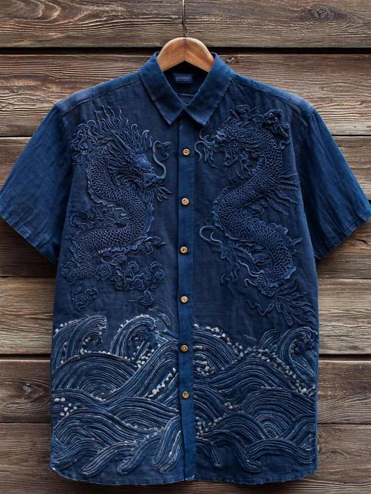 Men’s Embroidered Dragon Linen Shirt – Japanese Wave Casual Half Sleeve Designer Shirt