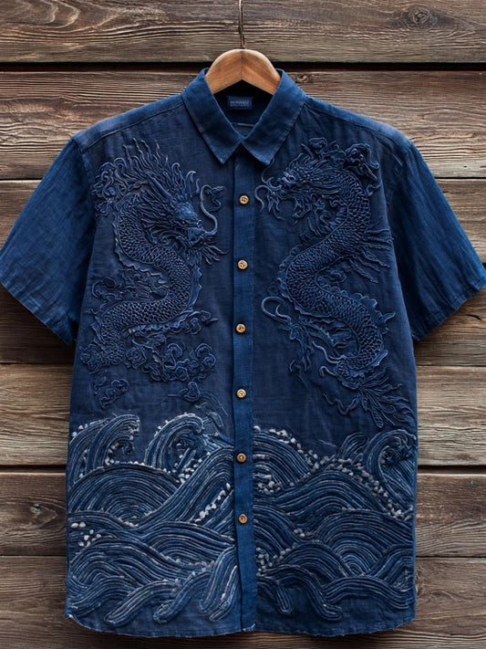 Men’s Embroidered Dragon Linen Shirt – Japanese Wave Casual Half Sleeve Designer Shirt