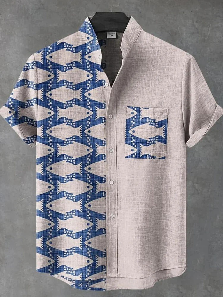 Men’s Fish Print Linen Shirt – Half & Half Vintage Coastal Summer Shirt
