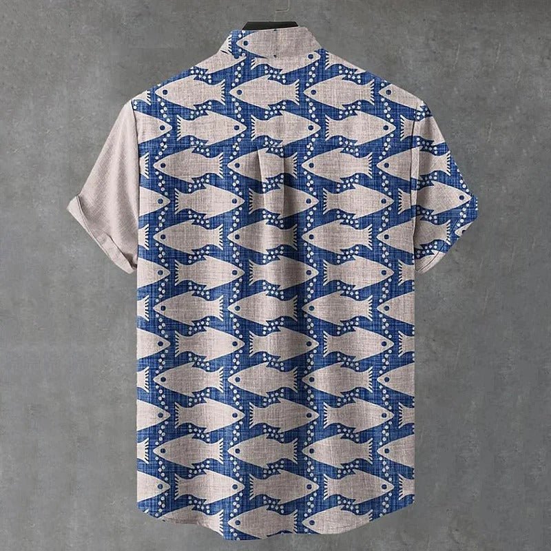 Men’s Fish Print Linen Shirt – Half & Half Vintage Coastal Summer Shirt