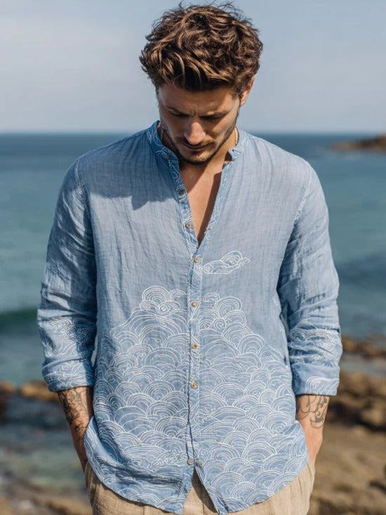 Men’s Sky Blue Linen Wave Embroidered Shirt – Premium Beach Style Casual Shirt